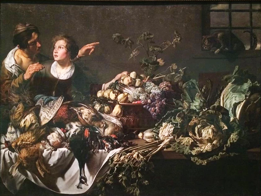 Natura morta di Adriaen van Utrecht e figure di Theodoor Rombouts